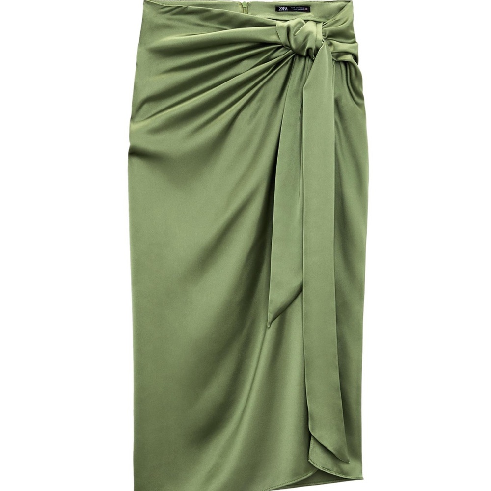 Zara Olive Midi Satin faux wrap  Skirt with Bow Detail